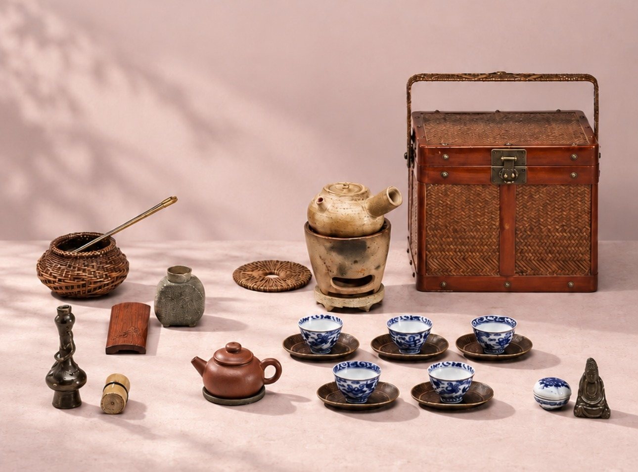 A traditional tea set: clay kettle on a brazier, blue-and-white cups, a rattan tea box
